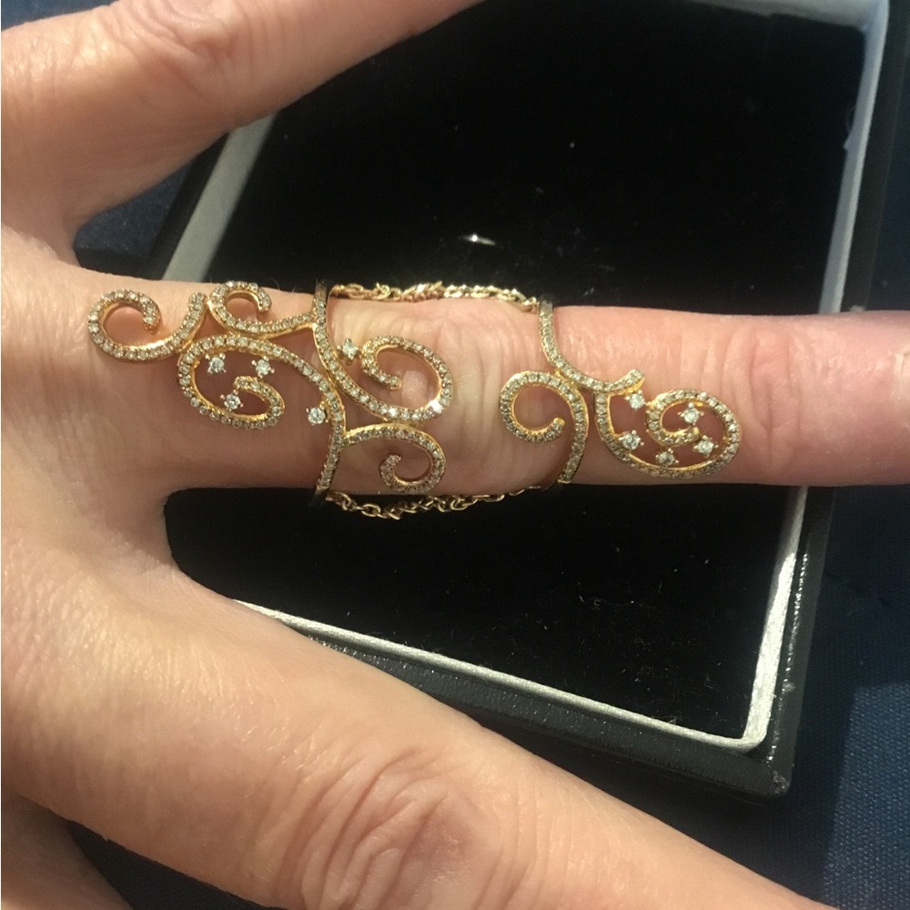 Vintage Affinity Natural Diamond Lace Double Ring With Chain, 0.5 TCW